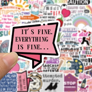Macro shot of waterproof vinyl sticker with sarcastic pink speech bubble quote