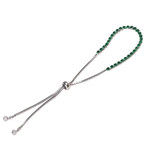Adjustable silver chain bracelet with round green zircon stones and sliding toggle clasp