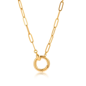 Polished 18K gold stainless steel paperclip chain with large circular spring clasp