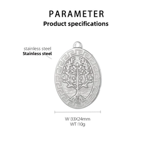 Macro shot of 33x24mm stainless steel oval pendant with engraved Tree of Life and Greek key