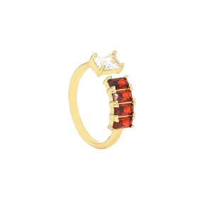 Chic gold open ring featuring a large clear rectangle zircon and red gemstones