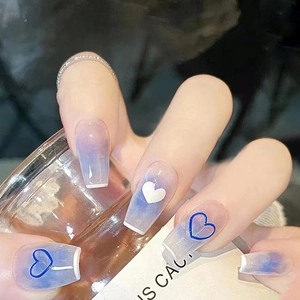 Press On Nails Blue And White Gradient Heart Pattern Long Coffin False Nails Fresh Style Wearable Finger Art