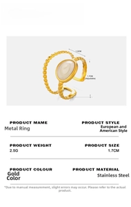 Detail of 18K gold-plated stainless steel ring with white oval stone and beaded band