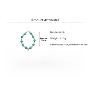 Detail view of turquoise acrylic beaded necklace with specific size and weight specifications