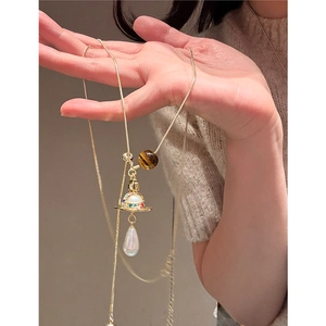 Tiger eye stone cross pendant necklace with colorful rhinestones and water drop pearl