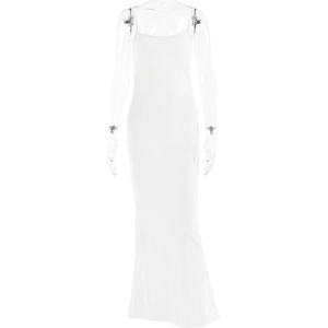 Detail of a white backless maxi dress featuring slim spaghetti straps and sleek fabric