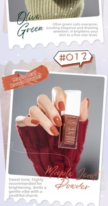 Close-up of quick-dry nail polish in maple brown and olive green on elegant nails