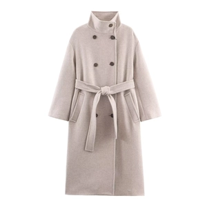 Cappotto Lungo In Lana Da Donna Elegante Con Cintura Collo Alto Capispalla Invernale Allentato Tinta Unita Casual