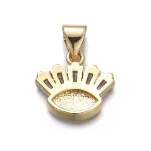 Detailed view of a golden crown pendant with polished metallic finish and intricate details