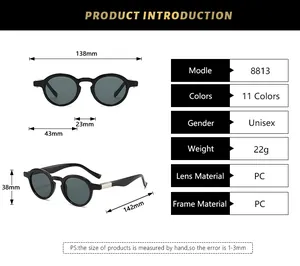 Detailed dimensions of classic retro sunglasses including frame width and temple length