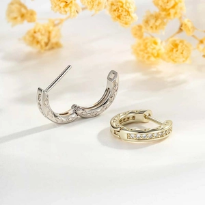Luxe coffee gold and silver cuff earrings with zircon inlay and geometric diamond pattern