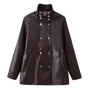 Women's slim fit dark brown double-breasted PU leather jacket with a high stand collar