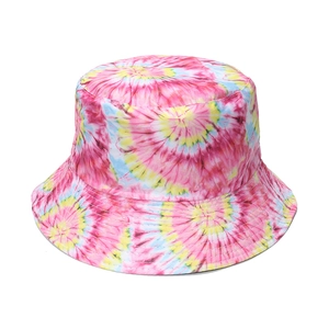 Colorful tie-dye bucket hat in pink blue and yellow spiral pattern for sun protection