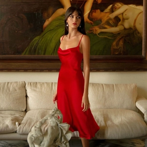 Elegant red satin cowl neck midi dress with slim spaghetti straps and bodycon fit