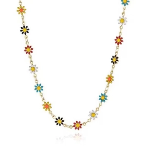 Colorful daisy flower necklace with multi-colored enamel pendants on a gold chain