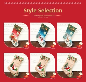 Close-up of six large Christmas stockings featuring Santa, reindeer, and snowman prints