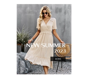 Detail view of beige V-neck summer dress with elegant ruffle trim and waist-slimming fit