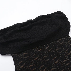 Detail shot of sheer black lace fabric showing intricate floral patterns and mesh texture
