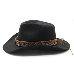 Black wool felt western cowboy hat with ethnic braided band and silver metal charms