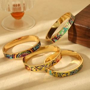 18k gold plated titanium steel enamel bangles with floral patterns and spring clasp