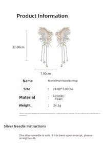 Detail showing feather and pearl tassel ear cuff with copper chain dimensions and weight