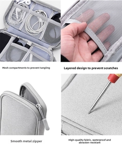 Detail view of multi-layer waterproof digital organizer with mesh pockets and metal zippers