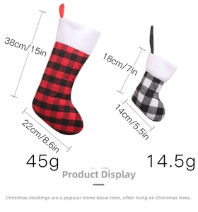 Detailed size comparison of red and white plaid Christmas stockings with dimensions
