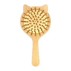 Cute cat-shaped bamboo hair brush with wooden bristles and scalp massage air cushion