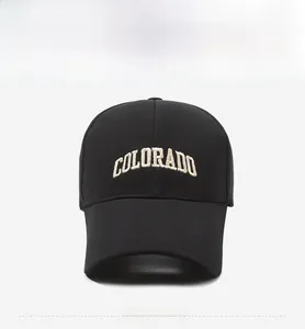 Close-up of black cotton baseball cap with white Colorado embroidery on a curved visor
