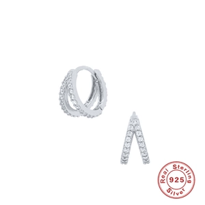 Detail of 925 sterling silver hoop earrings with double row sparkling zircon stones