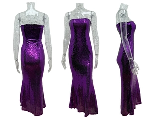 Three-way view of purple sequined strapless evening gown with a fishtail hemline