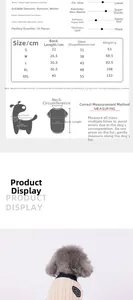 Size chart for dog JK elastic sweater showing chest, back length and fabric details