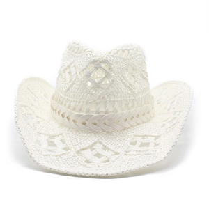 Detailed view of handmade crochet texture and hollow patterns on white straw cowboy hat