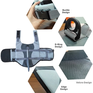 Detail view of pet life jacket featuring durable D-ring, secure buckles, and velcro straps