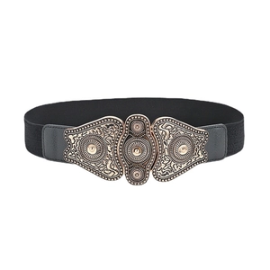 Women vintage corset belt with bronze floral embossed metal buckle and elastic strap