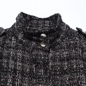 British style black tweed coat for women with metallic yarn and silver snap buttons