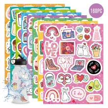 Close-up of 160 colorful heart and rainbow stickers for DIY laptop and phone decoration