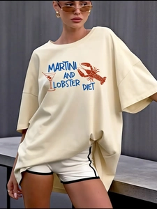 Γυναικείο T-Shirt Βαμβακερό Κοντό Μανίκι Στρογγυλή Λαιμόκοψη Oversized Άνετο Γραφικό Σχέδιο Αστακός Martini Casual