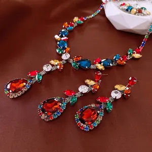 Vintage style colorful zircon necklace and leaf earrings set with teardrop gemstones