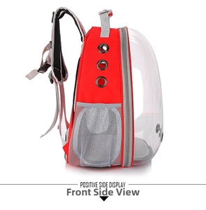 Positive side view of red space capsule pet carrier with clear panel and vent holes