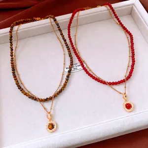 Tiger Eye Carnelian Layered Necklace Round Pendant 18K Gold Plated Copper Retro Maillard Style Jewelry For Women