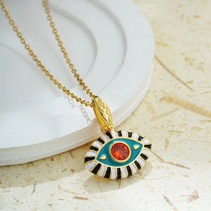 Gold 18K evil eye pendant necklace with colorful enamel and red zircon stone