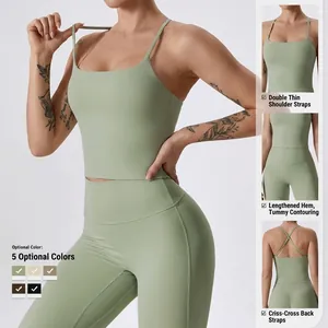 Breathable yoga set featuring a light green criss-cross sports bra and high-waisted leggings