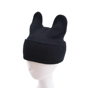 Solid black knitted beanie with cute cat ears and ribbed cuff detail for women