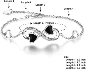 Size chart showing bracelet lengths 6.2 to 8.2 inches for the infinity heart jewelry