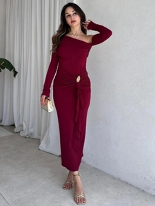 One Shoulder Long Sleeve Ruched Maxi Dress Polyester Spandex Metal Buckle Banquet Party Sexy Slim Fit Women