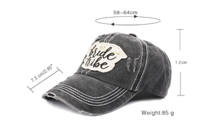 Detail of Bride Tribe embroidery on distressed washed denim baseball cap with dimensions