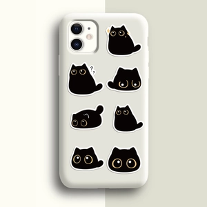 Detail of matte phone case featuring seven cute black cartoon cat illustrations with big eyes