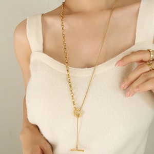 Chic 18k gold plated stainless steel asymmetrical Y-necklace with elegant OT toggle clasp
