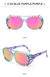 Front and 45-degree side views of blue purple aviator sunglasses with pink gradient lenses